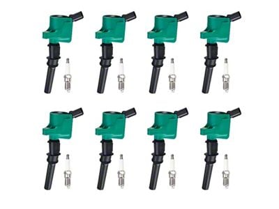 Ignition Coils with Spark Plugs; Green (99-04 Mustang GT)