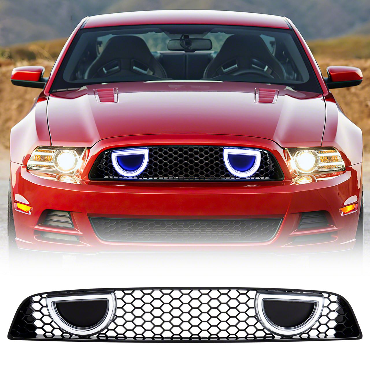 American Modified BOSS 302 Style Upper Grille with DRL, Turn Signal and Fog Light Deletes; Gloss Black (13-14 Mustang GT, V6)