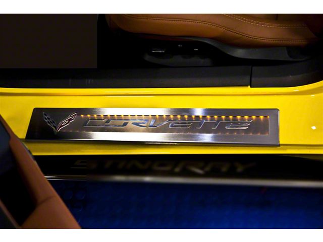 LED Door Sill Overlays; Brushed Stainless (14-19 Corvette C7 Stingray)