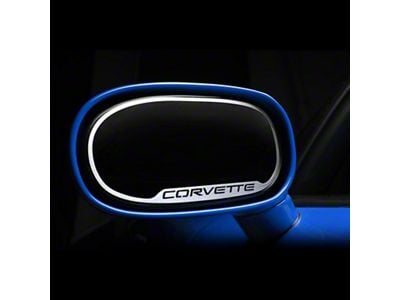 Side View Mirror Trim with Corvette Script; Brushed Finish (97-04 Corvette C5)