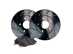 Apex One Elite Cross-Drill and Slots Brake Rotor and Friction Point Pad Kit; Front (09-23 5.7L HEMI Challenger w/o Brembo Brakes; 12-23 V6 Challenger w/ 13.58-Inch Front Rotors)
