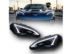 C8 Style Projector LED Headlights; Black Housing; Clear Lens (05-13 Corvette C6)