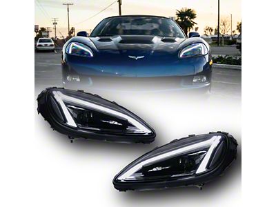 C8 Style Projector LED Headlights; Black Housing; Clear Lens (05-13 Corvette C6)