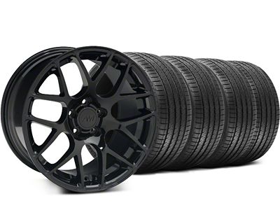 Staggered AMR Black Wheel and Sumitomo Maximum Performance HTR Z5 Tire Kit; 18x8/9 (94-04 Mustang)