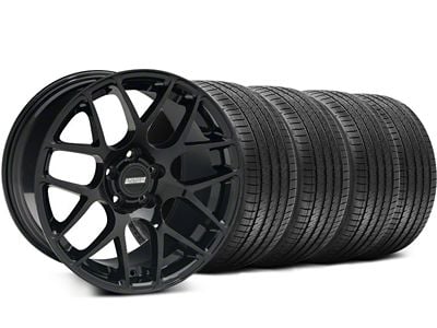 Staggered AMR Black Wheel and Sumitomo Maximum Performance HTR Z5 Tire Kit; 18x8/9 (94-98 Mustang)