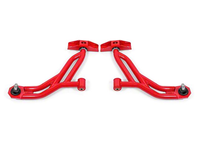 BMR Non-Adjustable Front Lower Control A-Arms; Polyurethane/Delrin Combo; 19mm Tall Ball Joint; Red (10-14 Mustang)