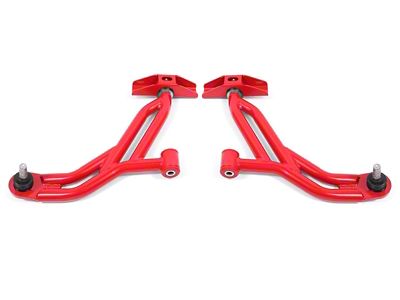 BMR Non-Adjustable Front Lower Control A-Arms; Polyurethane/Delrin Combo; 18mm Standard Ball Joint; Red (05-09 Mustang)