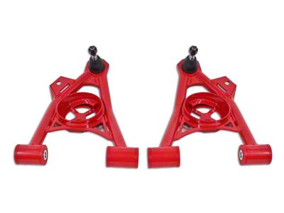 BMR Non-Adjustable Front Lower Spring Pocket A-Arms; Polyurethane Bushings; Standard Ball Joint; Red (94-04 Mustang)