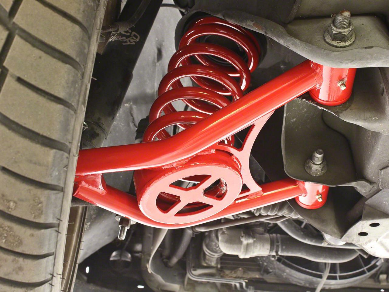 BMR Non-Adjustable Front Lower Spring Pocket A-Arms; Polyurethane Bushings; Standard Ball Joint; Red (94-04 Mustang)