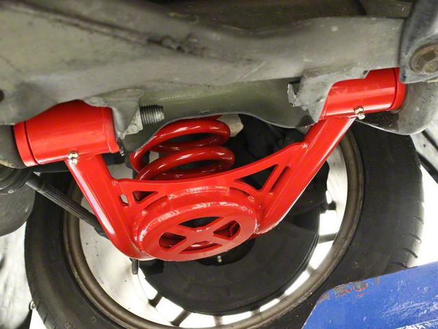 BMR Non-Adjustable Front Lower Spring Pocket A-Arms; Polyurethane Bushings; Standard Ball Joint; Red (94-04 Mustang)