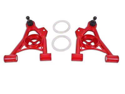 BMR Non-Adjustable Front Lower Spring Pocket A-Arms; Polyurethane Bushings; Tall Ball Joint; Red (79-93 Mustang)