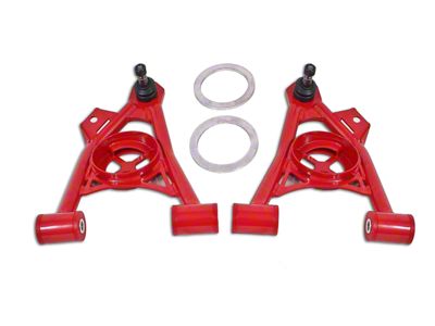 BMR Non-Adjustable Front Lower Spring Pocket A-Arms; Polyurethane Bushings; Tall Ball Joint; Red (94-04 Mustang)