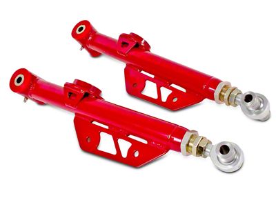 BMR On-Car Adjustable DOM Rear Lower Control Arms; Polyurethane/Rod End Combo; Red (79-98 Mustang)