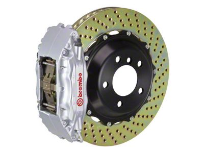 Brembo GT Series 4-Piston Front Big Brake Kit with 13-Inch 2-Piece Drilled Rotors; Silver Calipers (98-02 Camaro)