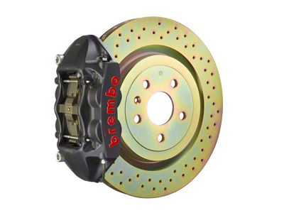 Brembo GT-S Series 4-Piston Rear Big Brake Kit with 14.40-Inch 1-Piece Cross Drilled Rotors; Black Hard Anodized Calipers (10-15 V6 Camaro)
