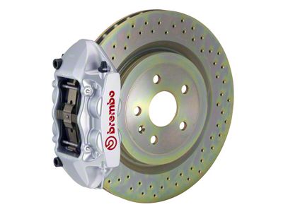 Brembo GT Series 4-Piston Rear Big Brake Kit with 14.40-Inch 1-Piece Cross Drilled Rotors; Silver Calipers (10-15 V6 Camaro)