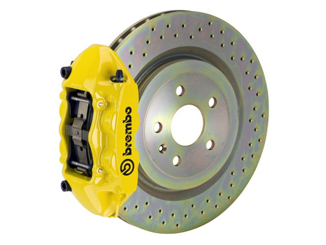 Brembo GT Series 4-Piston Rear Big Brake Kit with 14.40-Inch 1-Piece Cross Drilled Rotors; Yellow Calipers (10-15 V6 Camaro)