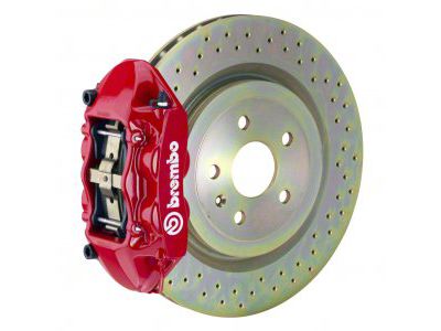 Brembo GT Series 4-Piston Rear Big Brake Kit with 14.40-Inch 1-Piece Cross Drilled Rotors; Red Calipers (16-23 Camaro SS)