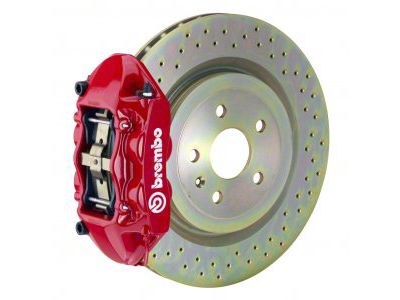 Brembo GT Series 4-Piston Rear Big Brake Kit with 14.40-Inch 1-Piece Cross Drilled Rotors; Red Calipers (16-24 Camaro SS)