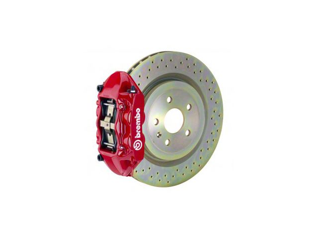Brembo GT Series 4-Piston Rear Big Brake Kit with 14.40-Inch 1-Piece Cross Drilled Rotors; Red Calipers (16-24 Camaro SS)