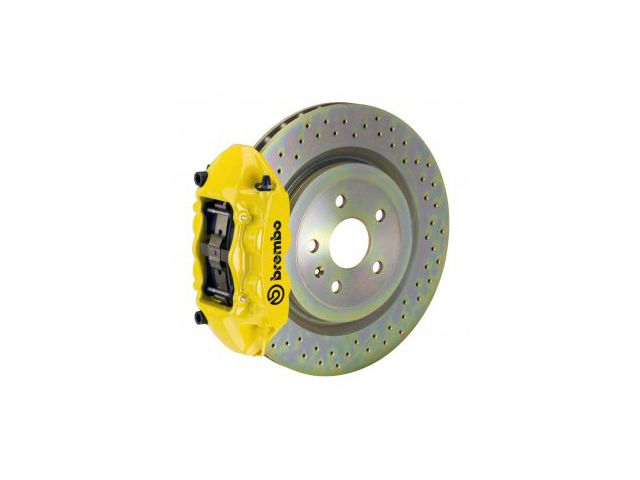 Brembo GT Series 4-Piston Rear Big Brake Kit with 14.40-Inch 1-Piece Cross Drilled Rotors; Yellow Calipers (16-24 Camaro SS)