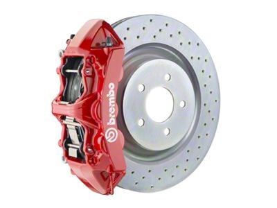 Brembo GT Series 6-Piston Front Big Brake Kit with 14-Inch 1-Piece Cross Drilled Rotors; Red Calipers (16-24 Camaro LS, LT, SS)