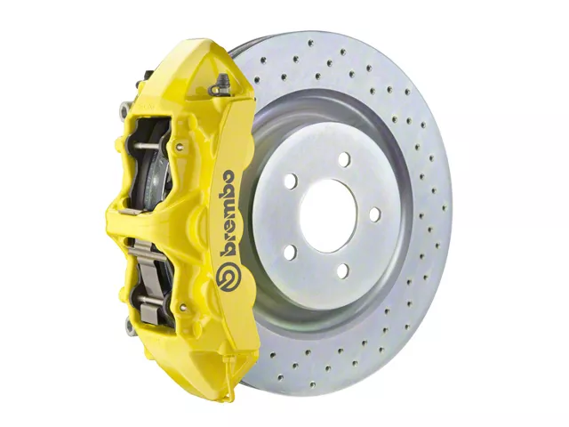 Brembo GT Series 6-Piston Front Big Brake Kit with 14-Inch 1-Piece Cross Drilled Rotors; Yellow Calipers (16-24 Camaro LS, LT, SS)