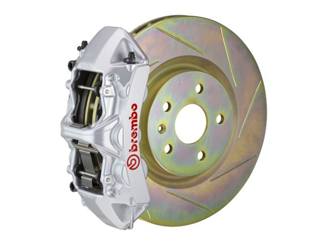 Brembo GT Series 6-Piston Front Big Brake Kit with 14-Inch 1-Piece Type 1 Slotted Rotors; Silver Calipers (10-15 V6 Camaro)