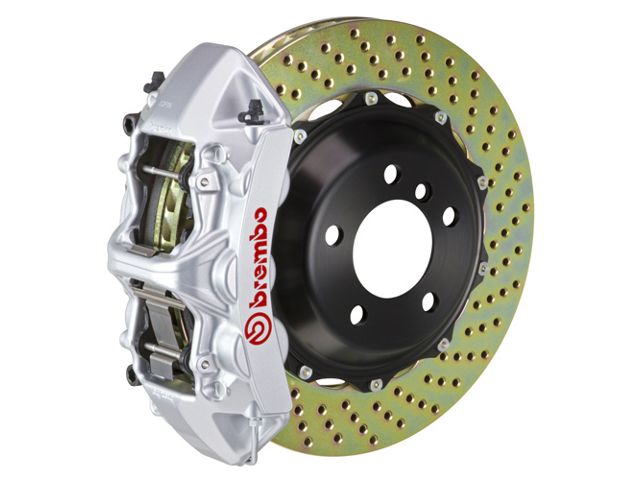 Brembo GT Series 6-Piston Front Big Brake Kit with 15-Inch 2-Piece Cross Drilled Rotors; Silver Calipers (10-15 V6 Camaro)