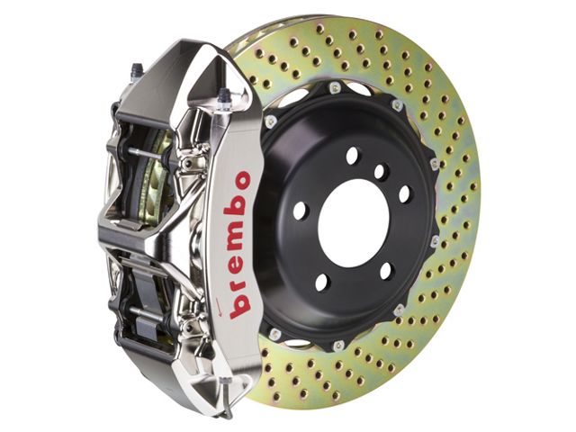 Brembo GT Series 6-Piston Front Big Brake Kit with 15-Inch 2-Piece Cross Drilled Rotors; Nickel Plated Calipers (10-15 V6 Camaro)