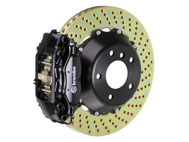 Brembo GT Series 4-Piston Rear Big Brake Kit with 13.60-Inch 2-Piece Cross Drilled Rotors; Black Calipers (09-23 5.7L HEMI, V6 RWD Challenger)