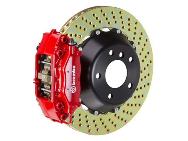 Brembo GT Series 4-Piston Rear Big Brake Kit with 13.60-Inch 2-Piece Cross Drilled Rotors; Red Calipers (09-23 5.7L HEMI, V6 RWD Challenger)
