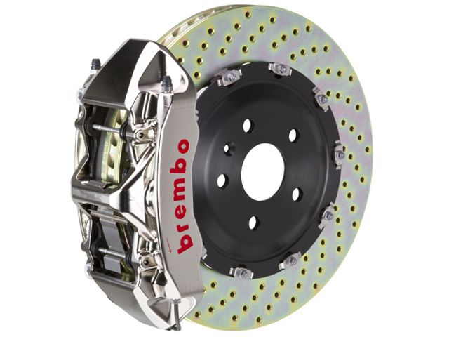 Brembo GT Series 6-Piston Front Big Brake Kit with 15-Inch 2-Piece Cross Drilled Rotors; Nickel Plated Calipers (09-10 Challenger R/T)