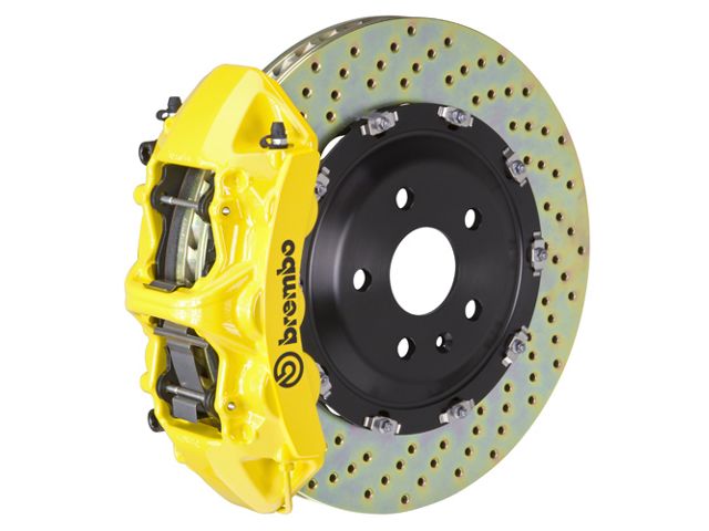 Brembo GT Series 6-Piston Front Big Brake Kit with 15-Inch 2-Piece Cross Drilled Rotors; Yellow Calipers (11-23 5.7L HEMI Challenger)