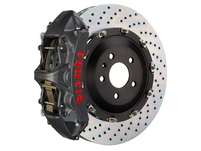 Brembo GT-S Series 6-Piston Front Big Brake Kit with 15-Inch 2-Piece Cross Drilled Rotors; Black Hard Anodized Calipers (11-23 5.7L HEMI Charger)