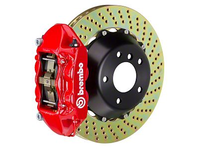 Brembo GT Series 4-Piston Rear Big Brake Kit with 15-Inch Drilled Rotors; Red Calipers (15-22 Mustang GT)
