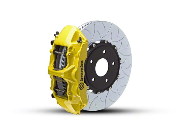 Brembo GT Series 6-Piston Front Big Brake Kit with Type 3 Slotted Rotors; Yellow Calipers (15-23 Mustang EcoBoost, V6)