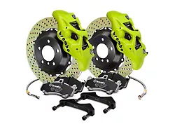 Brembo GT Series 4-Piston Rear Big Brake Kit with 15-Inch 2-Piece Cross Drilled Rotors; Fluorescent Yellow Calipers (15-23 Mustang GT, EcoBoost, V6)