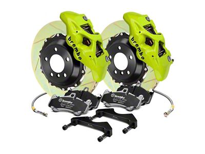 Brembo GT Series 4-Piston Rear Big Brake Kit with 15-Inch 2-Piece Type 1 Slotted Rotors; Fluorescent Yellow Calipers (15-23 Mustang GT, EcoBoost, V6)