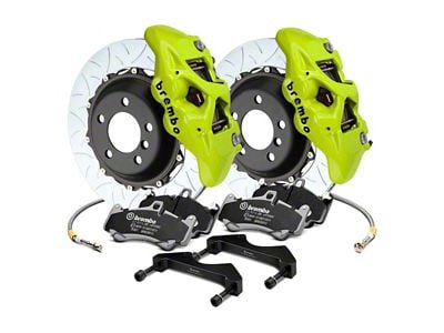 Brembo GT Series 4-Piston Rear Big Brake Kit with 15-Inch 2-Piece Type 3 Slotted Rotors; Fluorescent Yellow Calipers (15-23 Mustang GT, EcoBoost, V6)