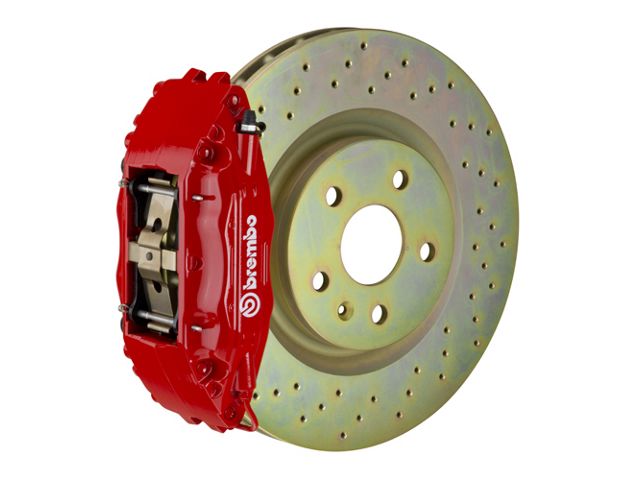 Brembo GT Series 4-Piston Front Big Brake Kit with 14-Inch 1-Piece Cross Drilled Rotors; Red Calipers (05-14 Mustang Standard GT, V6)