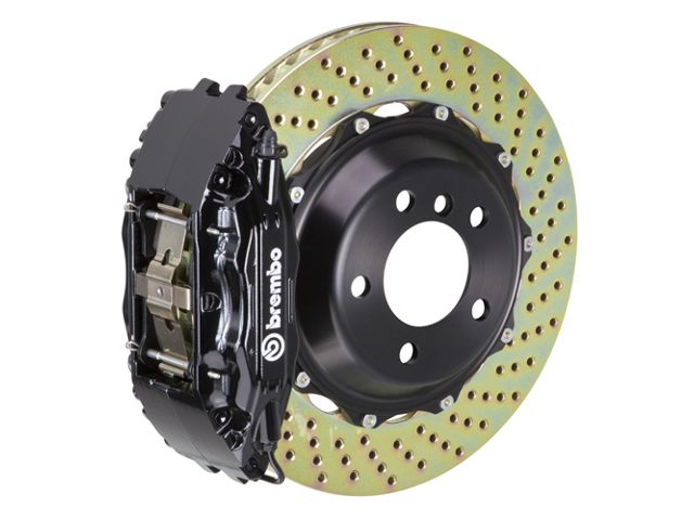 Brembo GT Series 4-Piston Front Big Brake Kit with 14-Inch 2-Piece Cross Drilled Rotors; Black Calipers (05-14 Mustang GT w/o Performance Pack, V6)