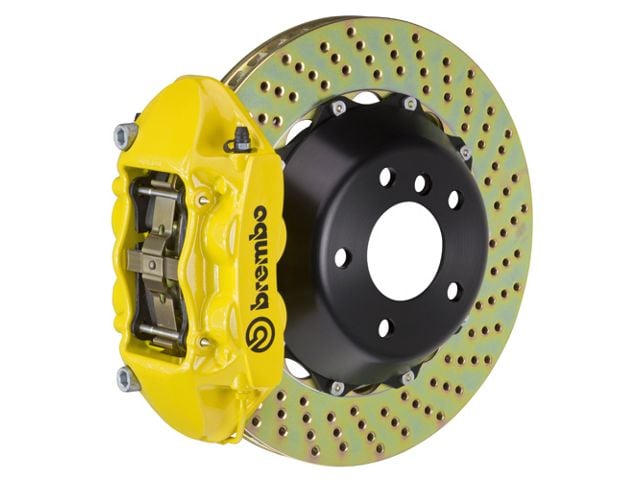 Brembo GT Series 4-Piston Rear Big Brake Kit with 15-Inch 2-Piece Cross Drilled Rotors; Yellow Calipers (15-23 Mustang GT, EcoBoost, V6)