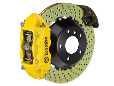 Brembo GT Series 4-Piston Rear Big Brake Kit with 15-Inch 2-Piece Cross Drilled Rotors; Yellow Calipers (15-23 Mustang GT, EcoBoost, V6)