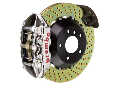 Brembo GT Series 4-Piston Rear Big Brake Kit with 15-Inch 2-Piece Cross Drilled Rotors; Nickel Plated Calipers (15-23 Mustang GT, EcoBoost, V6)