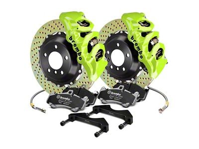 Brembo GT Series 6-Piston Front Big Brake Kit with 15-Inch 2-Piece Cross Drilled Rotors; Fluorescent Yellow Calipers (15-23 Mustang GT, EcoBoost, V6)