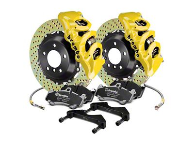 Brembo GT Series 6-Piston Front Big Brake Kit with 15-Inch 2-Piece Cross Drilled Rotors; Yellow Calipers (15-23 Mustang GT, EcoBoost, V6)