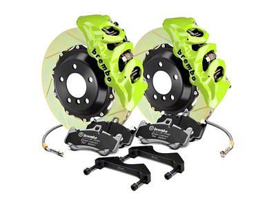 Brembo GT Series 6-Piston Front Big Brake Kit with 15-Inch 2-Piece Type 1 Slotted Rotors; Fluorescent Yellow Calipers (15-23 Mustang GT, EcoBoost, V6)