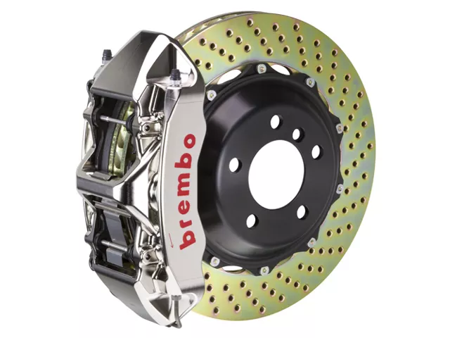 Brembo GT Series 6-Piston Front Big Brake Kit with 14-Inch 2-Piece Cross Drilled Rotors; Nickel Plated Calipers (94-04 Mustang)