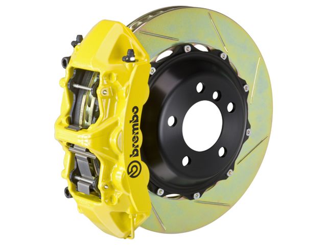 Brembo GT Series 6-Piston Front Big Brake Kit with 14-Inch 2-Piece Type 1 Slotted Rotors; Yellow Calipers (94-04 Mustang)